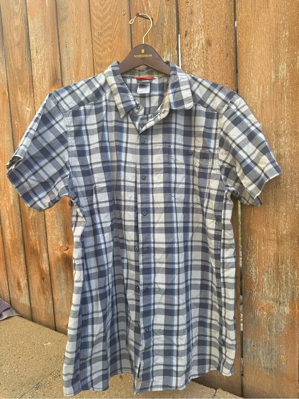 North Face Men's Blue Gray Plaid Short Sleeve Snap Button Down Shirt Size Large